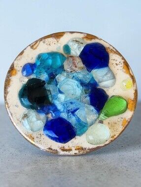 Artisan Made Hand Crafted Ceramic Glass Resin Round Brooch Pin Blue White Gold